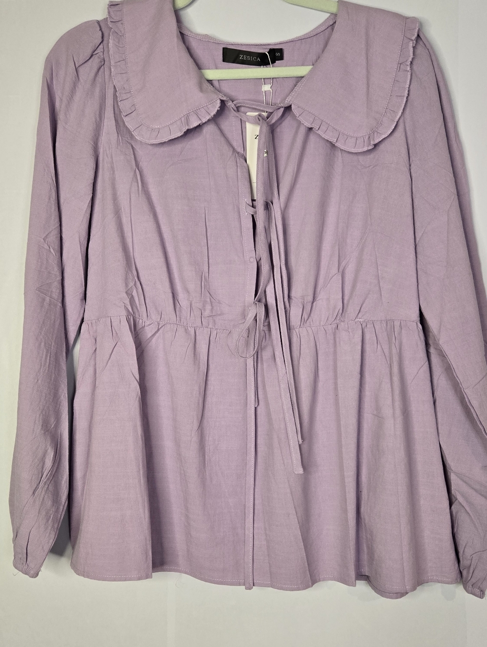 Zesica Size S Lavender Ruffle Collar Tie-Front, Elastic Waist Boho Blouse NWT